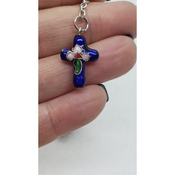 Cloisonne Flower Bead Bracelet With Rosary Cross Charm On Silver Chain - Picture 8 of 10